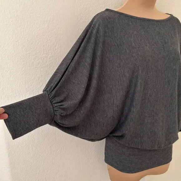 Charcoal Gray Dolman Sleeve Banded Bottom Knit Top - Picture 3 of 6